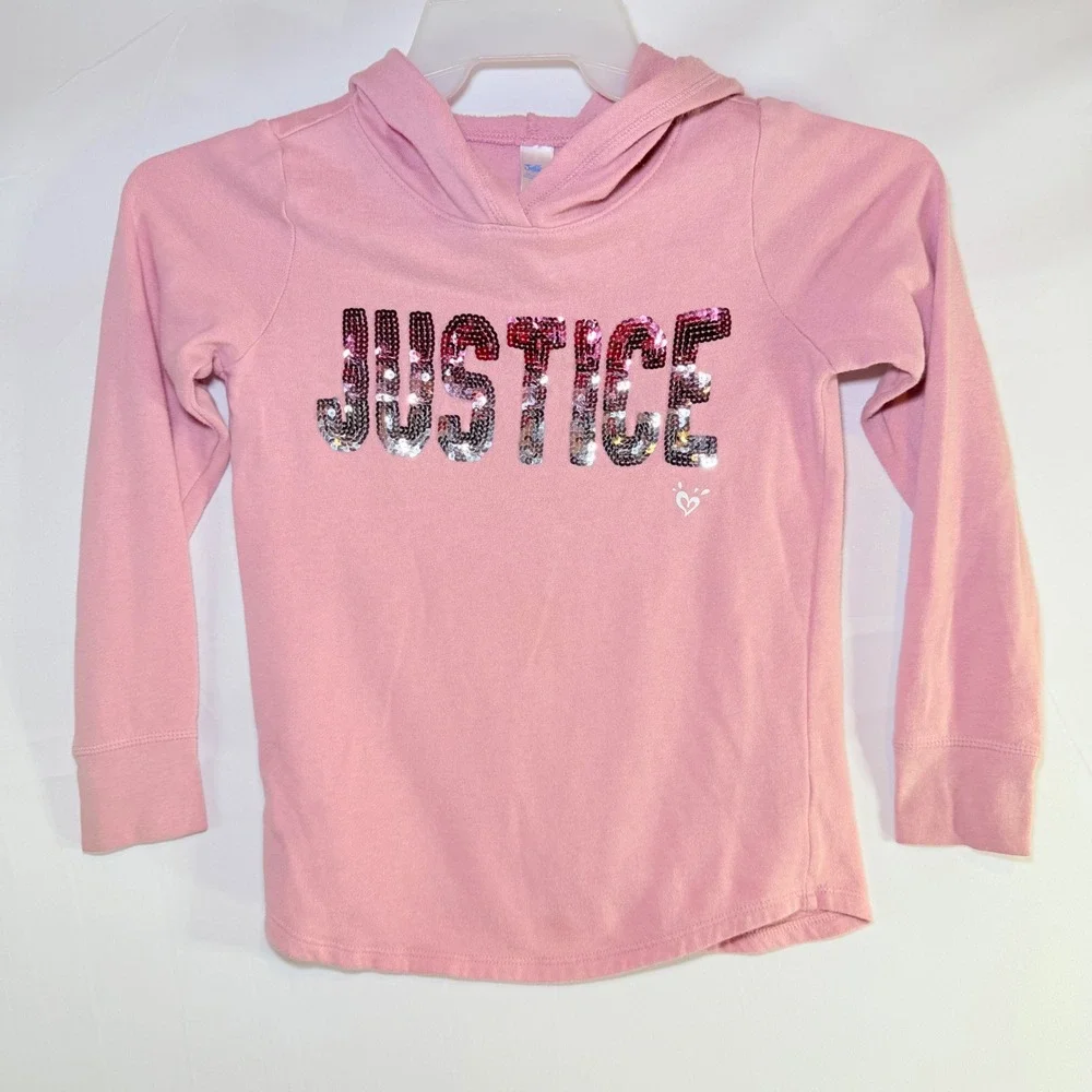 Justice Girls Pink Flip Sequin‎ Logo Hoodie Sweatshirt Sz 8 Long Sleeve Pullover